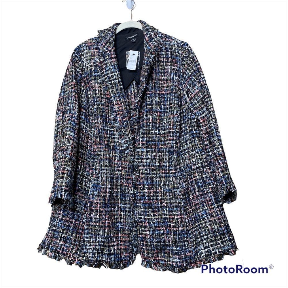 Lane Bryant Multicolor Tweed Fringed Jacket (Black Base)
